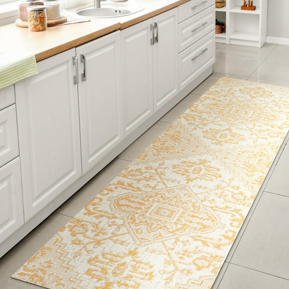 JONATHAN Y SANTA MONICA 2 x 10 Runner Rug, Estrella Bohemian Medallion Textured Weave - Cream/Yellow, SMB105H-210