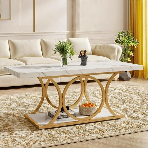 Fnova 47.24" Rectangular Coffee Table, Modern 2-Tier Imitation Marble Wood Coffee Tables with Storage Shelf for Living Room, Geometric Metal Legs, Easy Assembly