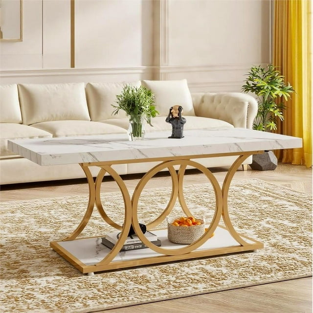 Fnova 47.24" Rectangular Coffee Table, Modern 2-Tier Imitation Marble Wood Coffee Tables with Storage Shelf for Living Room, Geometric Metal Legs, Easy Assembly