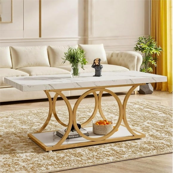 Fnova Table Basse Rectangulaire de 47,24 Pouces, Tables Basses Modernes à 2 Niveaux en Imitation Marbre et Bois avec Tablette de Rangement pour Salon, Pieds Métalliques Géométriques, Assemblage Facile
