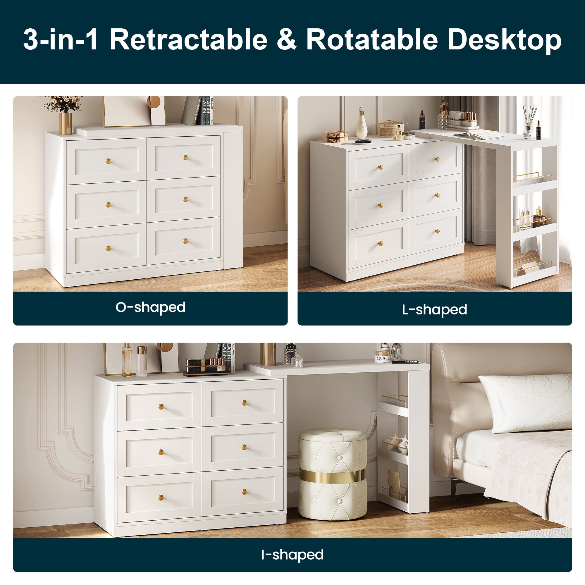 Heynemo Extendable Makeup Vanity Desk with 3 Side Shelves, L-Shaped Vanity Table and Dresser Combo with 6 Drawers, Modern Dressing Table for Bedroom, Dressing Room, White