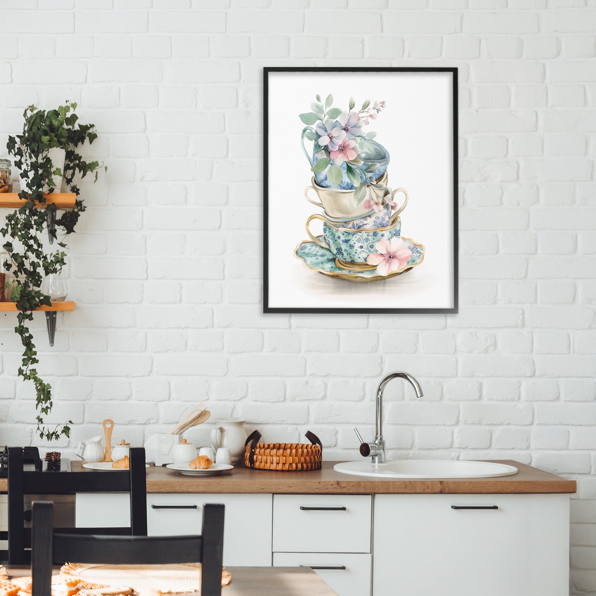 Stupell Industries Floral Teacup Chinoiserie Black Framed Giclee Art, design by Kim Allen