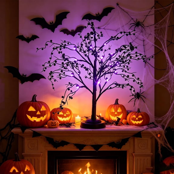 Qocolcyl Light Up Black Halloween Tree Decor, LED Spooky Tabletop Tree Lamp, Weatherproof Plastic Ornament for Indoor Outdoor Halloween Decorations Yard Mantel Haunted House Party Supplies