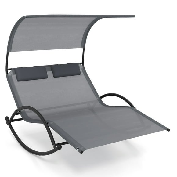 Costway Outdoor Dual Rocker Sunbed 2-Person Canopied Lounger with 2 Detachable Headrests