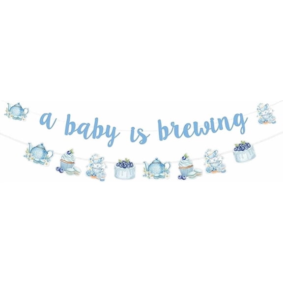 Tea Baby Shower Decorations for Boys - A Baby Is Brewing Paper Banner and Garland Set, Blue Floral Vintage Tea Theme Decor for Baby Shower Gender Reveal Pregnancy Celebration Party