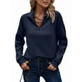 thumbnail image 3 of Womens Long Sleeve Quarter Zip Pullover Sweater Casual Loose V Neck Collared Ribbed Knit Jumper Tops Dark Blue L, 3 of 8