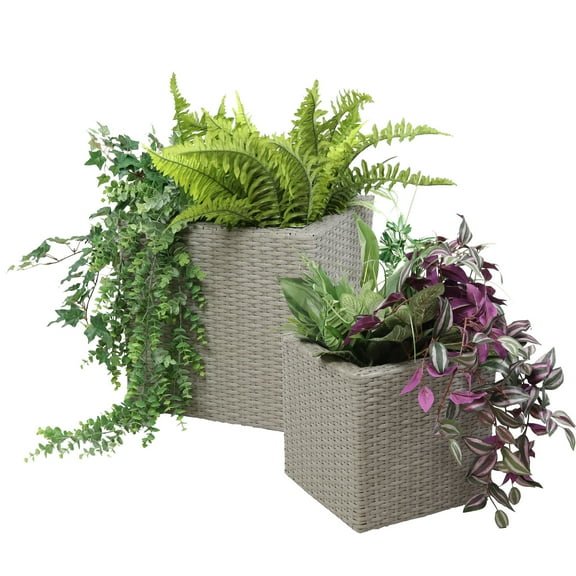 Sunnydaze Modern Assorted Square Gray Polyrattan Indoor Planter with Liner 2-Count