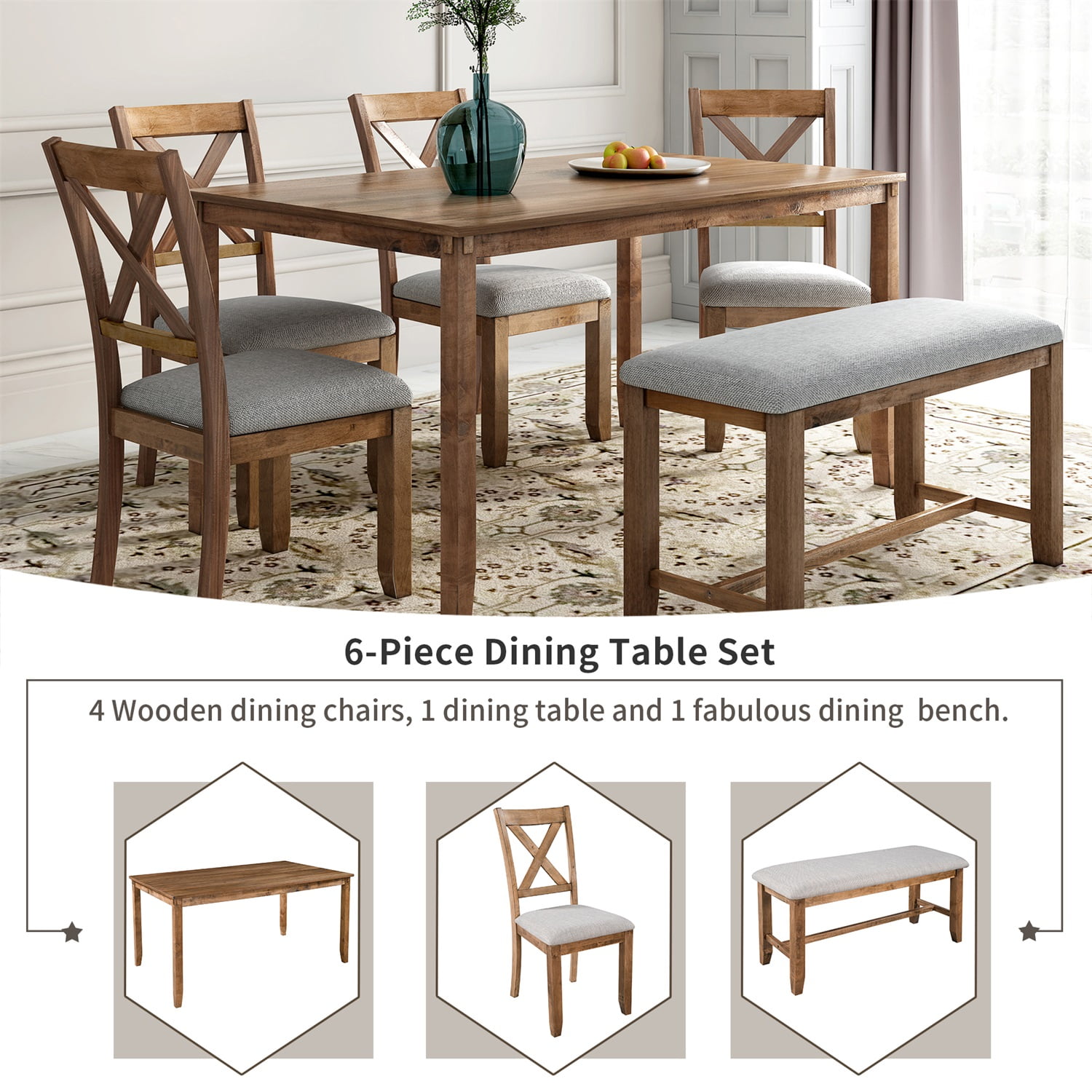 Kadyn 6-Piece Kitchen Dining Table Set Wooden Rectangular Dining Table, 4 Fabric Chairs and Bench Family Furniture (Natural Cherry)
