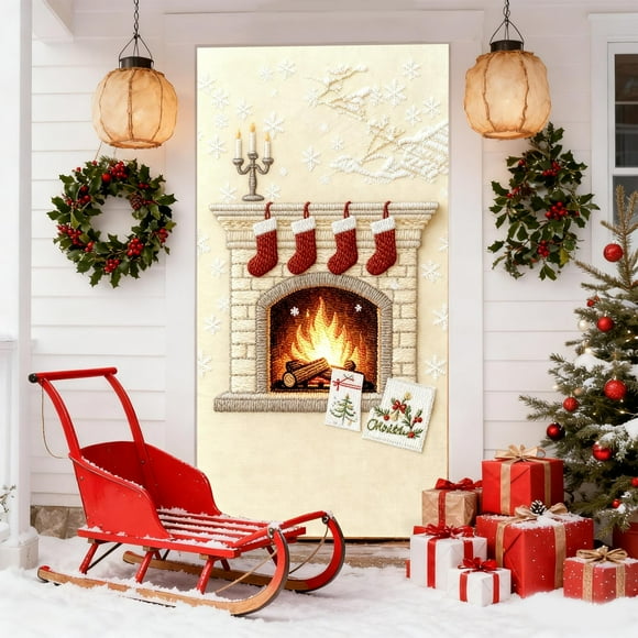 Cubrepuertas bordado estereoscópicamente, cortina navideña para puerta, decoración festiva de pared, decoración para fiestas navideñas, fácil instalación, diseño plegable, tela de algodón,