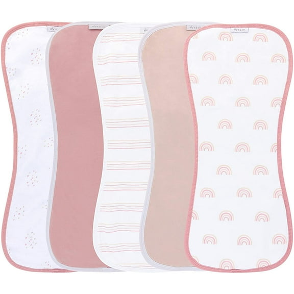 Ely's & Co. Hourglass Shape Fleece Burp Cloths 5-Piece Set - 100% Jersey Knit Cotton with Extra Absorbent Fleece Inner-Layer for Baby Girl (Pink Rainbow Combo)