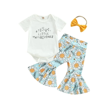 

Baby Girl Floral Bell Bottoms Outfit Little Wildflower Romper Short Sleeve Onesie Pants Headband Spring Clothes Set