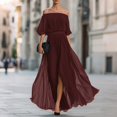 thumbnail image 2 of Women's Off The Shoulder Maxi Dress, Sexy Pleated Chiffon Evening Gown with High Slit, Elegant Puff Sleeve Formal Party Dress, 2 of 4