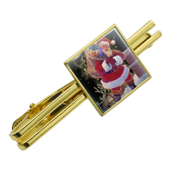 Christmas Holiday Santa Chimney Magic Square Tie Bar Clip Clasp Tack- Silver or Gold