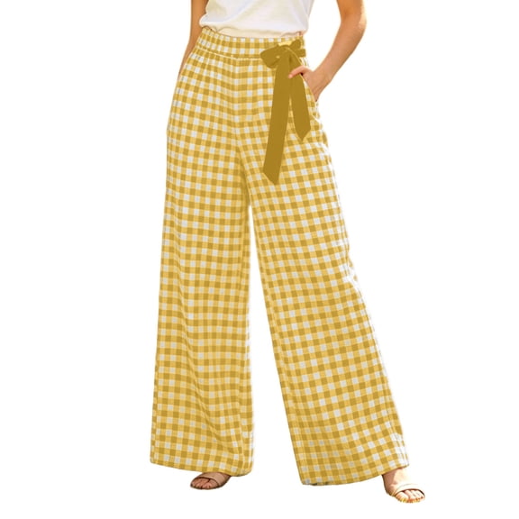 Yutgune Women's Gingham Wide Leg Pants High Waisted Casual Palazzo Trousers with Pockets
