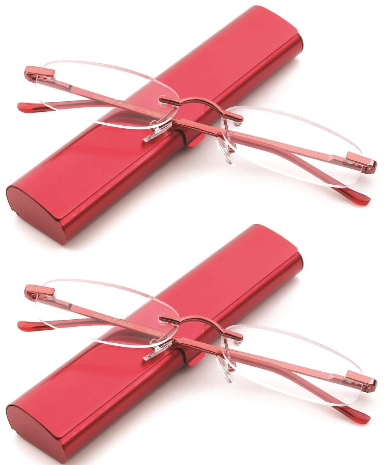 Newbee Fashion-Portable Compact Reading Glasses in Aluminum Case Metal Rectangle Rimless Reading Glasses Super Lightweight Reader Slim Design Comfort Fit 2 Pack Red 3.00