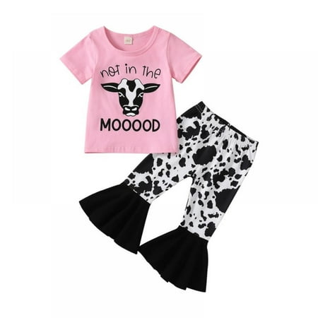 

URMAGIC Western Baby Girl Clothes Letters Print Short Sleeve Romper/T-Shirt Tops Cow Print Flared Pants Set Bell Bottom Outfit 0-5 Years