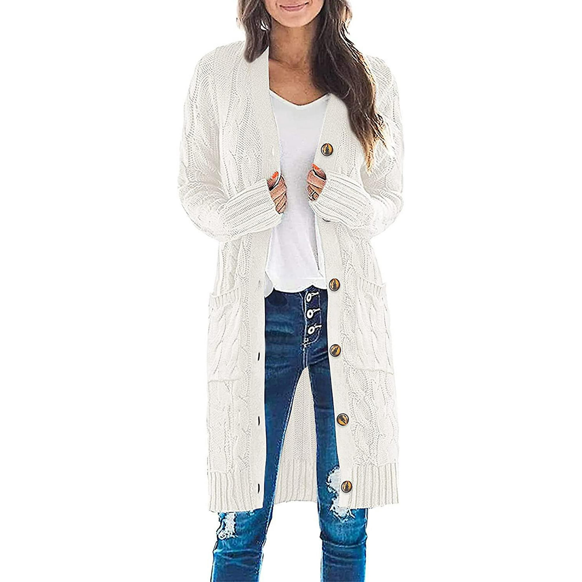 Cardigan long en tricot torsade a manches longues pour femme