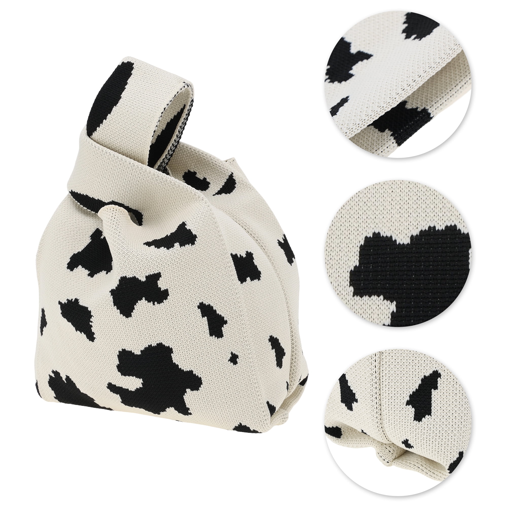 Unique Bargains Cow Pattern Knitted Wrist Bag Beige Black 1 Pc