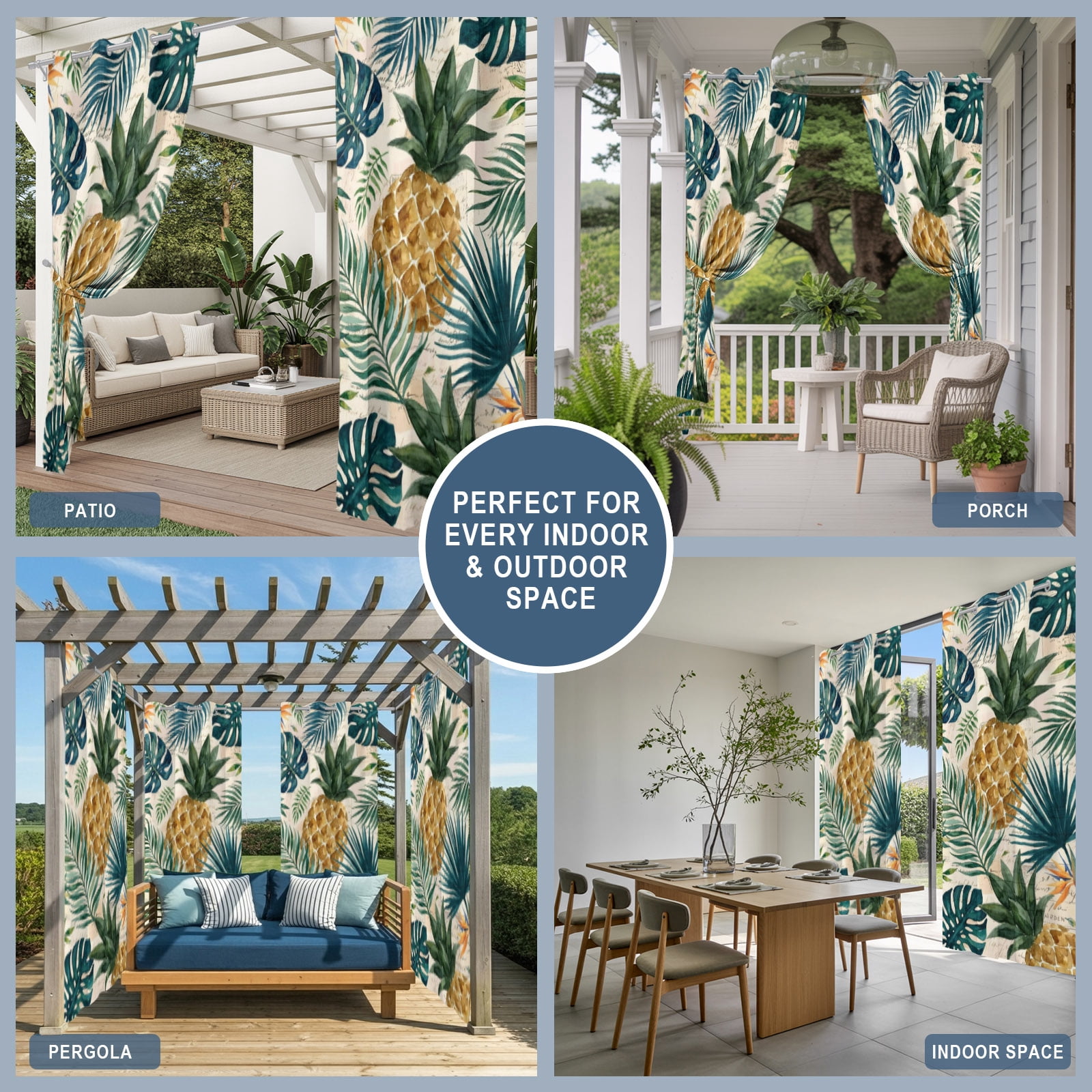 Gold Pineapple Outdoor Curtains for Patio, Monstera Leaves Vintage Tropical Botanical Summer Sunshade Privacy Drapes Grommet Waterproof Outside Curtains for Porch/Cabana/Balcony 54"x 108", 1 Panel