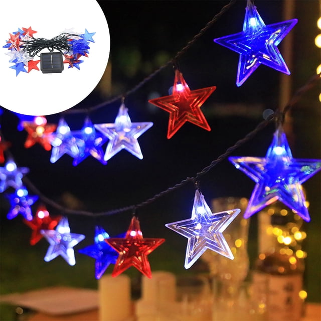 Fiudx Luces Solares de Estrellas, Cadena de 30 Led En Rojo, Blanco y Azul, 6,4 M (21 Pies) Impermeables, Decoración de Patio, Encendido y Apagado Automático, Ideal para El Día de La Independencia, Id