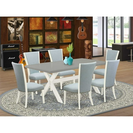 East West Furniture X097VE215-7 7 Piece Dining Table Set – 6 Baby Blue Linen Fabric Dining Room Chairs with Nail Heads and Cement Dinner Table – Linen White Finish East West Furniture X097VE215-7 7 Piece Dining Table Set – 6 Baby Blue Linen Fabric Dining Room Chairs with Nail Heads and Cement Dinner Table – Linen White Finish