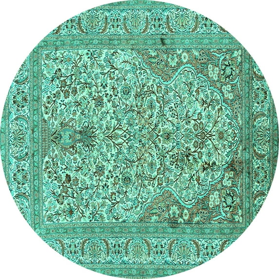 Ahgly Company Machine Washable Indoor Round Persian Turquoise Blue Traditional Area Rugs, 4' Round