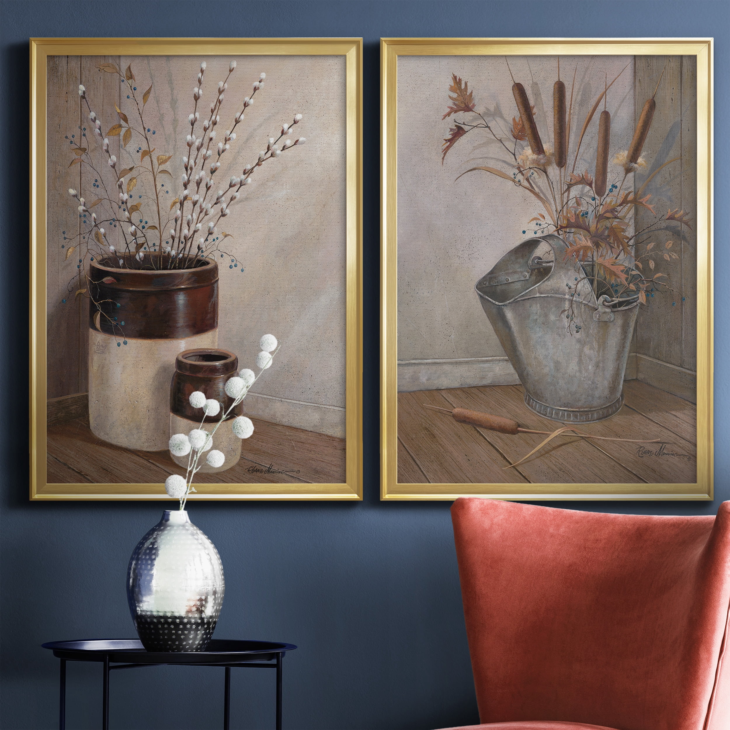 2 Piece Set Pussywillows & Spring Premium Framed Canvas - Ready to Hang - 26.5 x 36.5 Each - Gold Frame