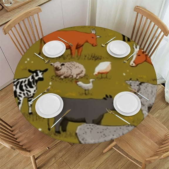 Cute Cow Round Fitted Tablecloth with Elastic Edge, Farm Animals Rooster Cow Table Cloth Waterproof Wipeable Round Table Cover