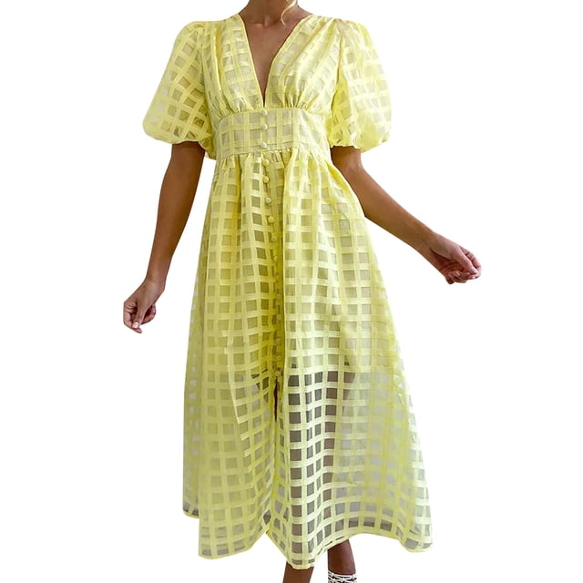 Ketyyh-chn99 Robes pour Femmes Grande Taille Décontractées de Plage Robe d'Été Manches à Volants Ample Fluide Plissée Mini-Robe Jaune,G