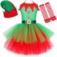 thumbnail image 3 of Disfraz de elfo navideño para niñas, conjunto de ropa navideña elegante para niños, vestido de tul con tutú de malla verde y rojo para fiesta de Navidad para niños, con gorro y calcetines, 3 of 5