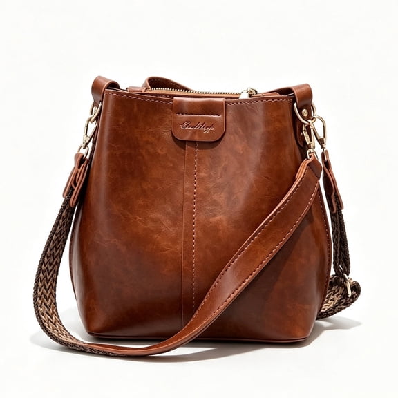 Women's Vintage Leather Crossbody Bucket Bag Casual Shoulder Handbag with Adjustable Strap