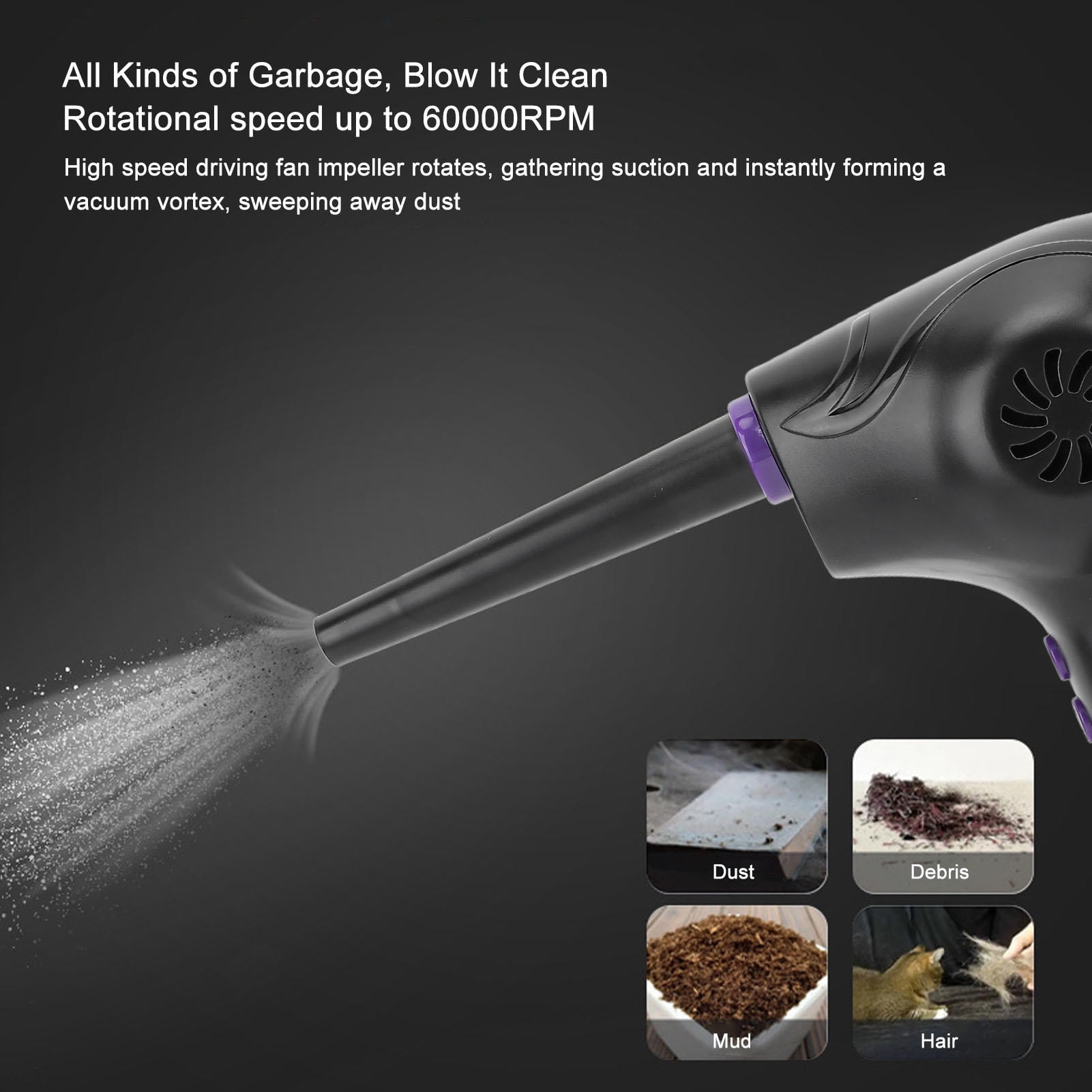 LAZIOEGR 60,000 RPM Portable Air Duster – 2‑Speed, 5‑Nozzle, Rechargeable 6000 mAh, Built‑in Light for Keyboards & Car Seats