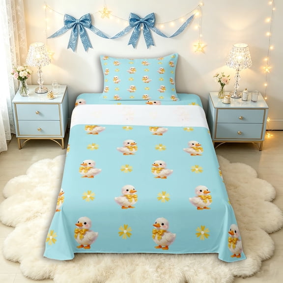 Manfei Kawaii Duck Twin Sheet Sets 3pcs for Kids Girls Boys,Cute Animal Bowknot Bedding,Microfiber Bedroom Decor