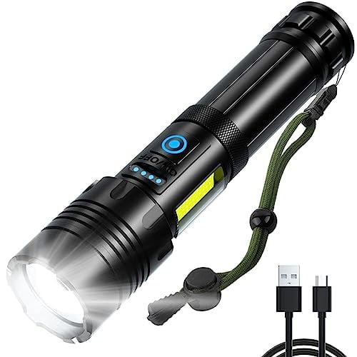 Ultra-Bright LED Flashlight – 90,000 Lumens,Dual-Core XHP70,USB Rechargeable,5000mAh Battery,IPX6 Waterproof,5 Modes,Zoomable,Ideal for Camping,Hiking & Emergencies