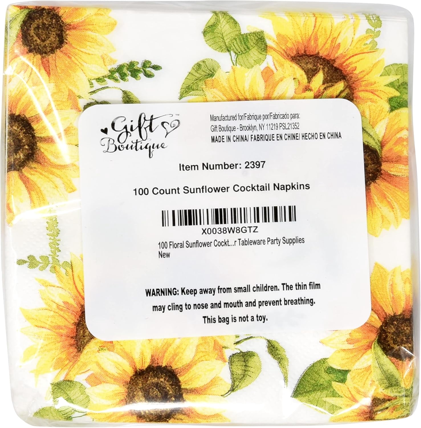Gift Boutique 100 Floral Sunflower Cocktail Beverage Napkins Disposable Paper Spring Yellow Sunflowers Dessert Napkin for Spring Flower Wedding Holiday Bridal & Baby Shower Tableware Party Supplies