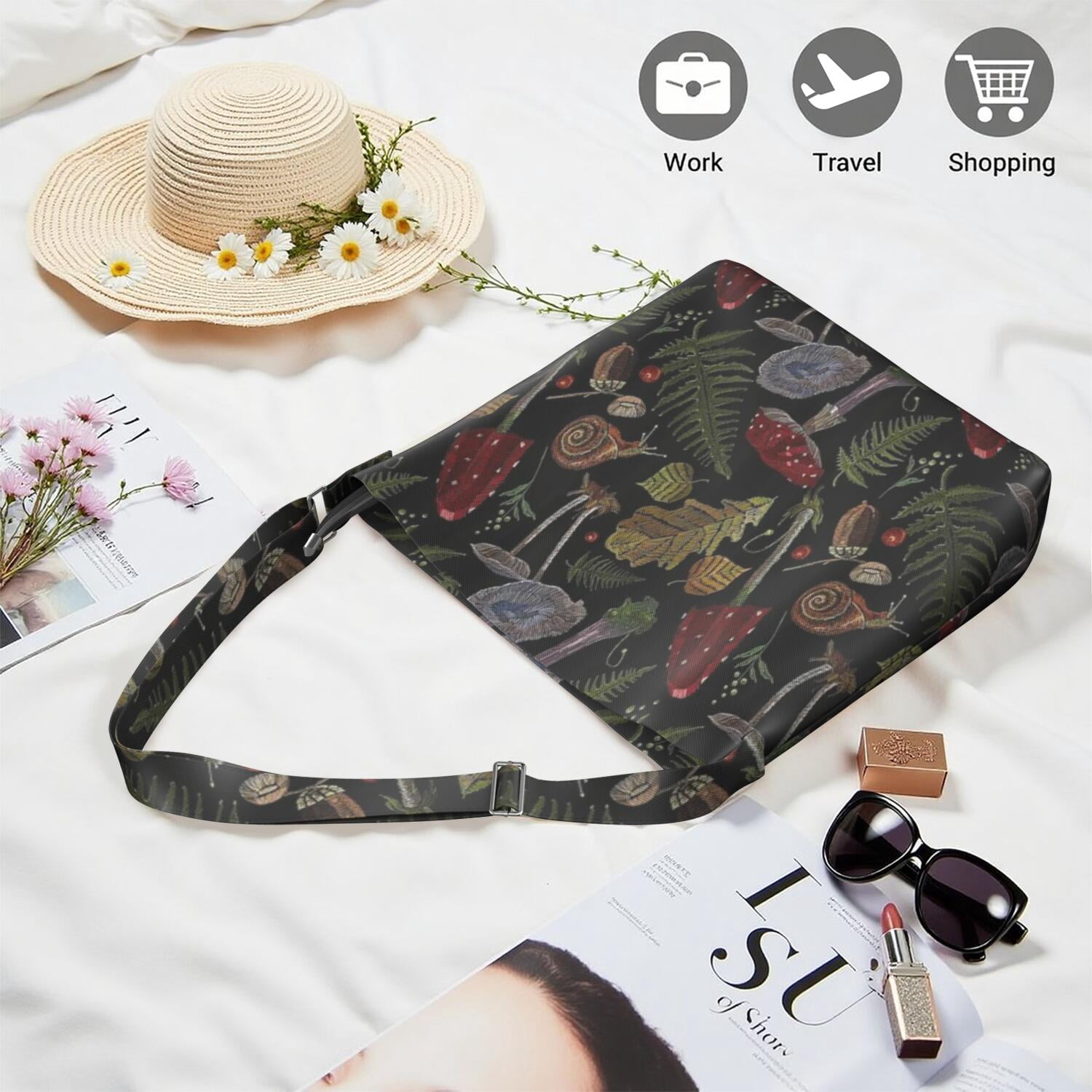 Vintage Mushroom Large Capacity Handbag - Minimalist Travel Bag with Adjustable Strap for Daily Carry