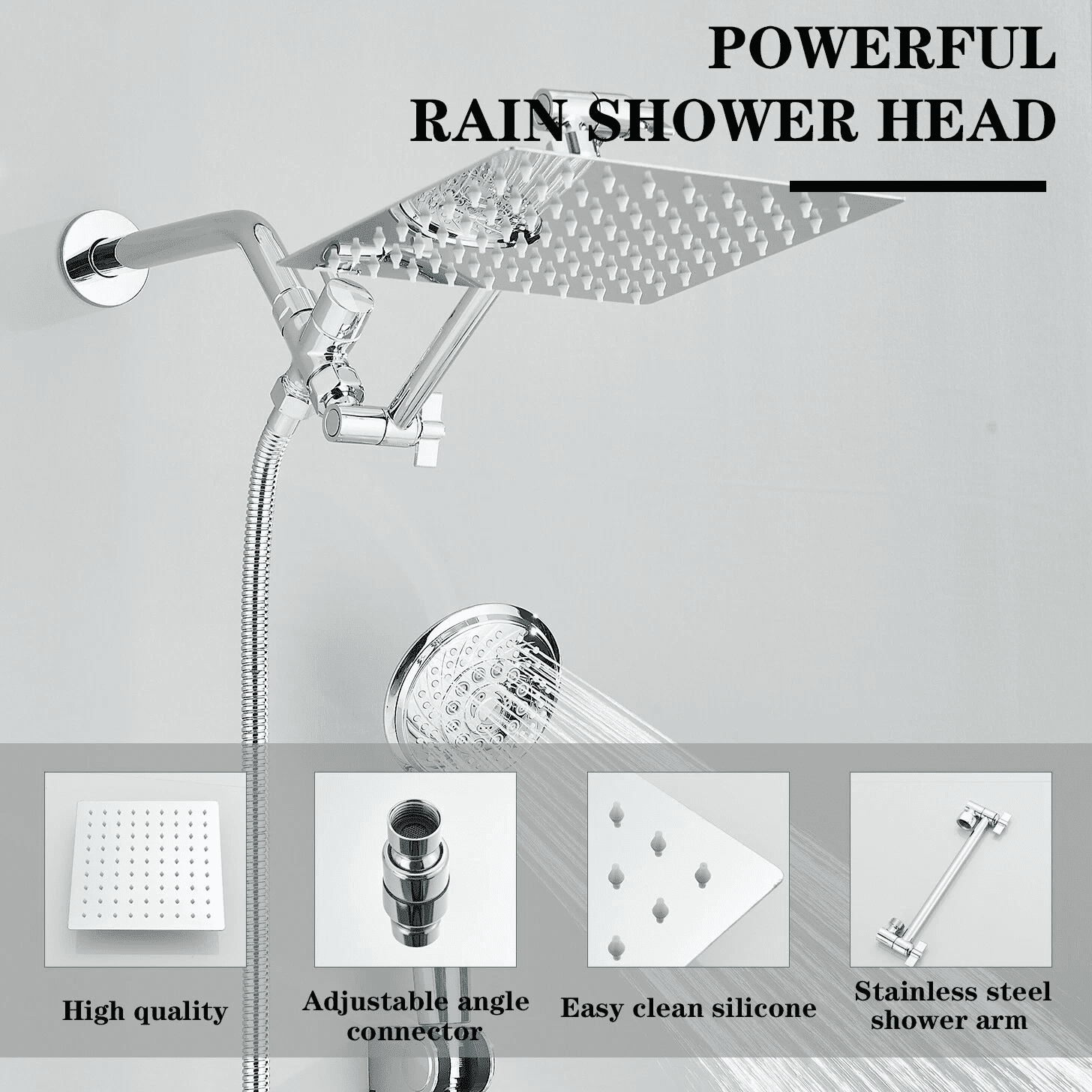 Zovajonia Chrome Rain Shower Head Combo Includes 12-inch Square High-Pressure Rain Shower Head Three-Setting Handheld Spray and Adjustable Arm