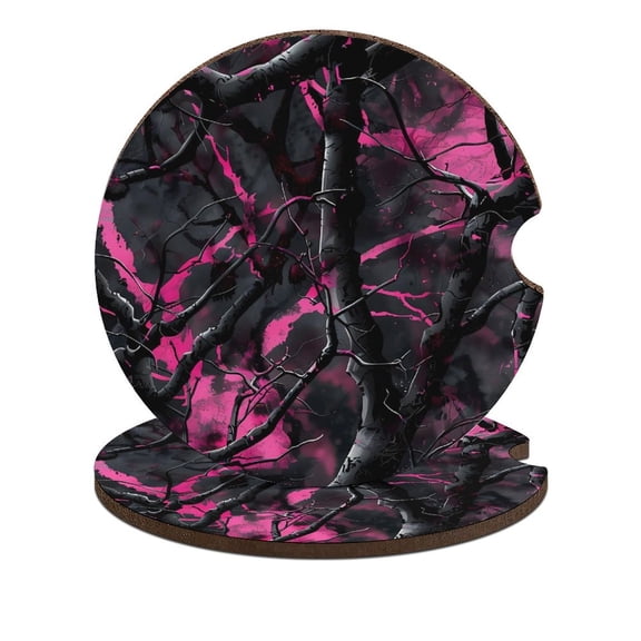 Camouflage Pink Hunting Car Coasters for Drinks with A Finger Notch for Easy Removal Cup Holder Coaster Cup Mat Car Interior Accessories 2PCS