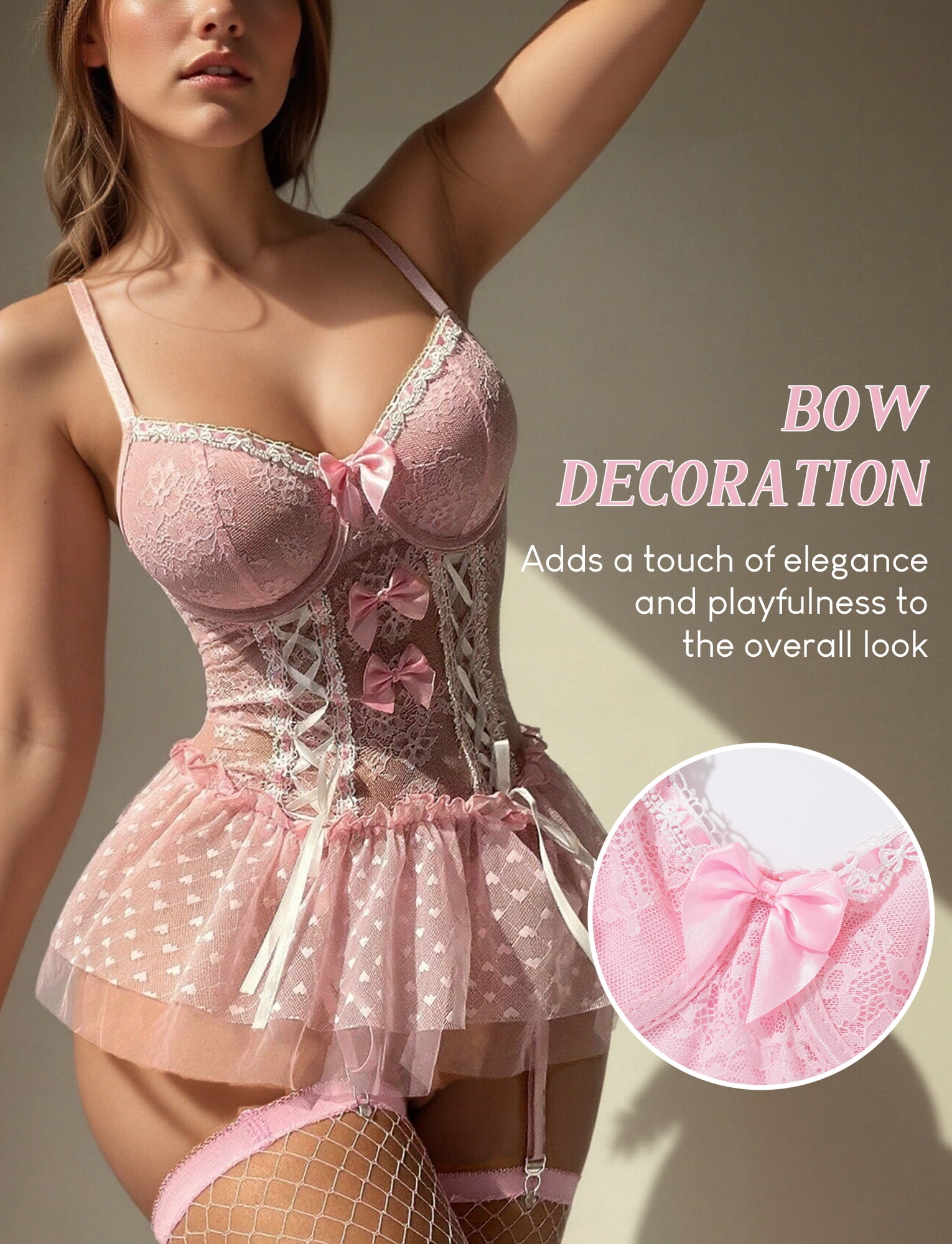 Ausing Women Lace Bodysuit Mesh Corset Nightwear Underwear Lingerie Set with Stockings Garter Belt Thong 3 Piece S Pink