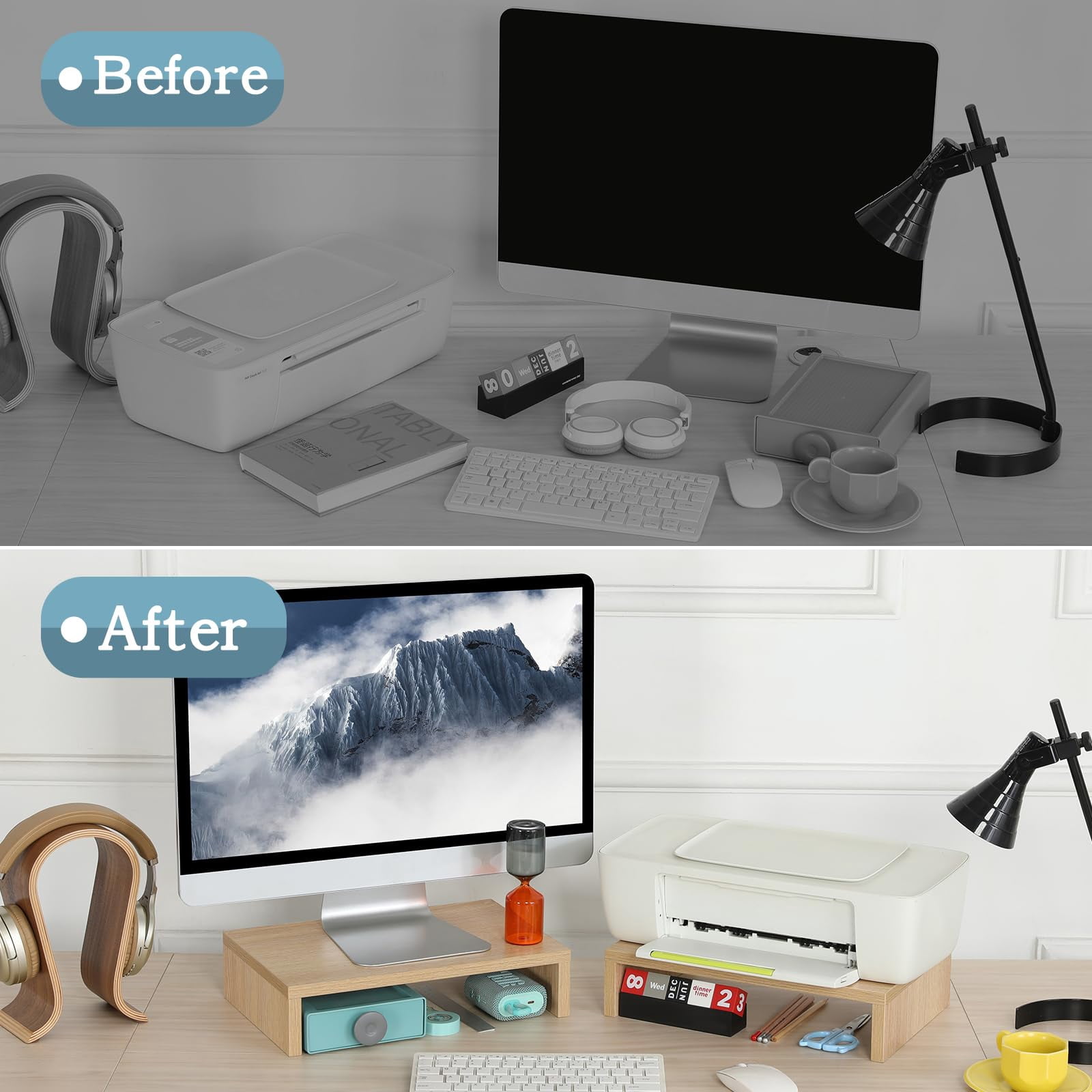 Wood Monitor Stand Riser - 2 Pack Adjustable Dual For Laptop/pc