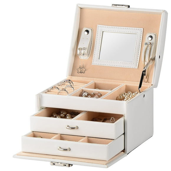 Multi-Layer PU Leather Jewellery Box Girls Jewellery Case Storage Organizer Showcase w/ Lock, White