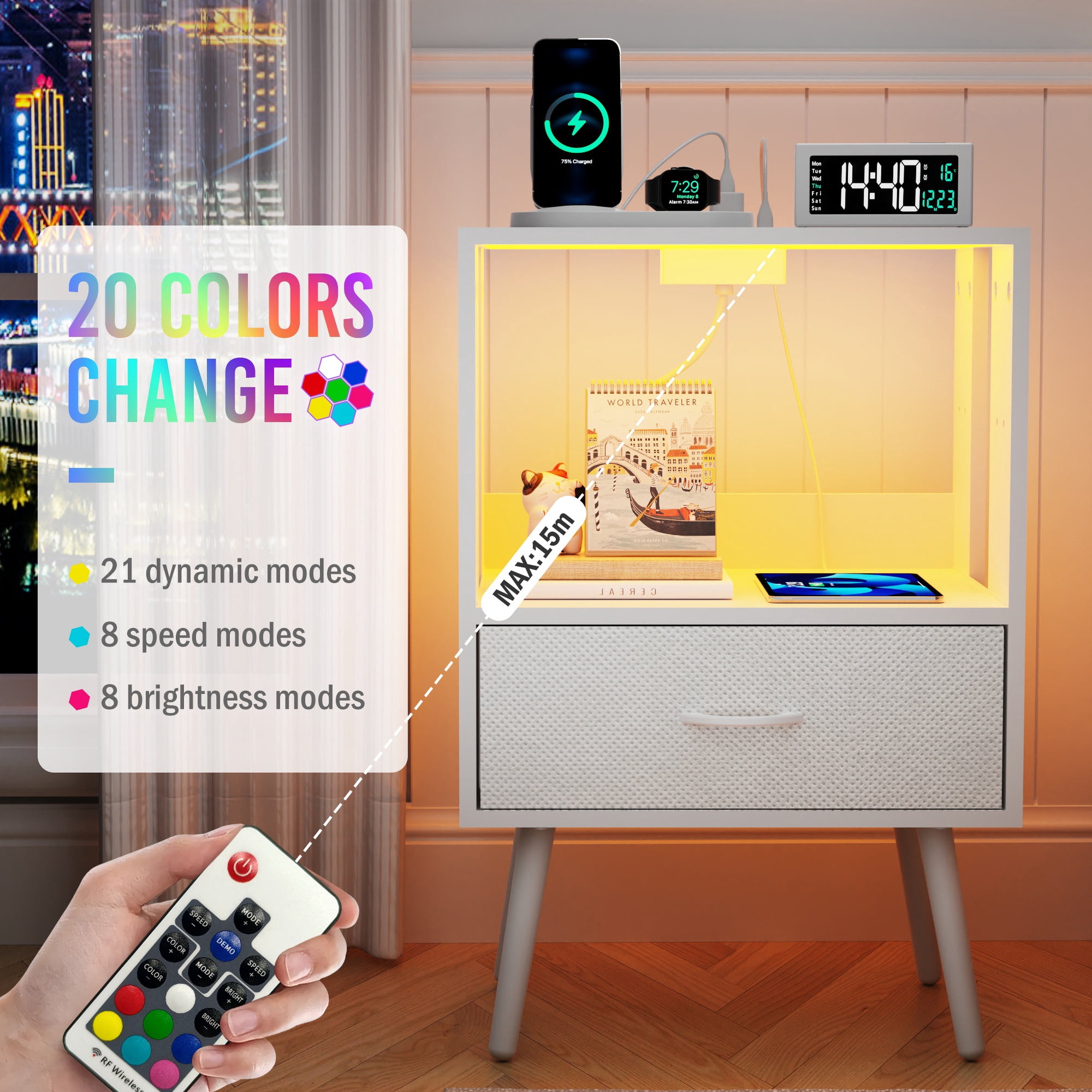 Nightstand Set of 2, Holaki Nightstand with Charging Station for Bedroom, Night Stand with LED Light & Fabric Drawers, Dresser Bedside Table for Living Room, White