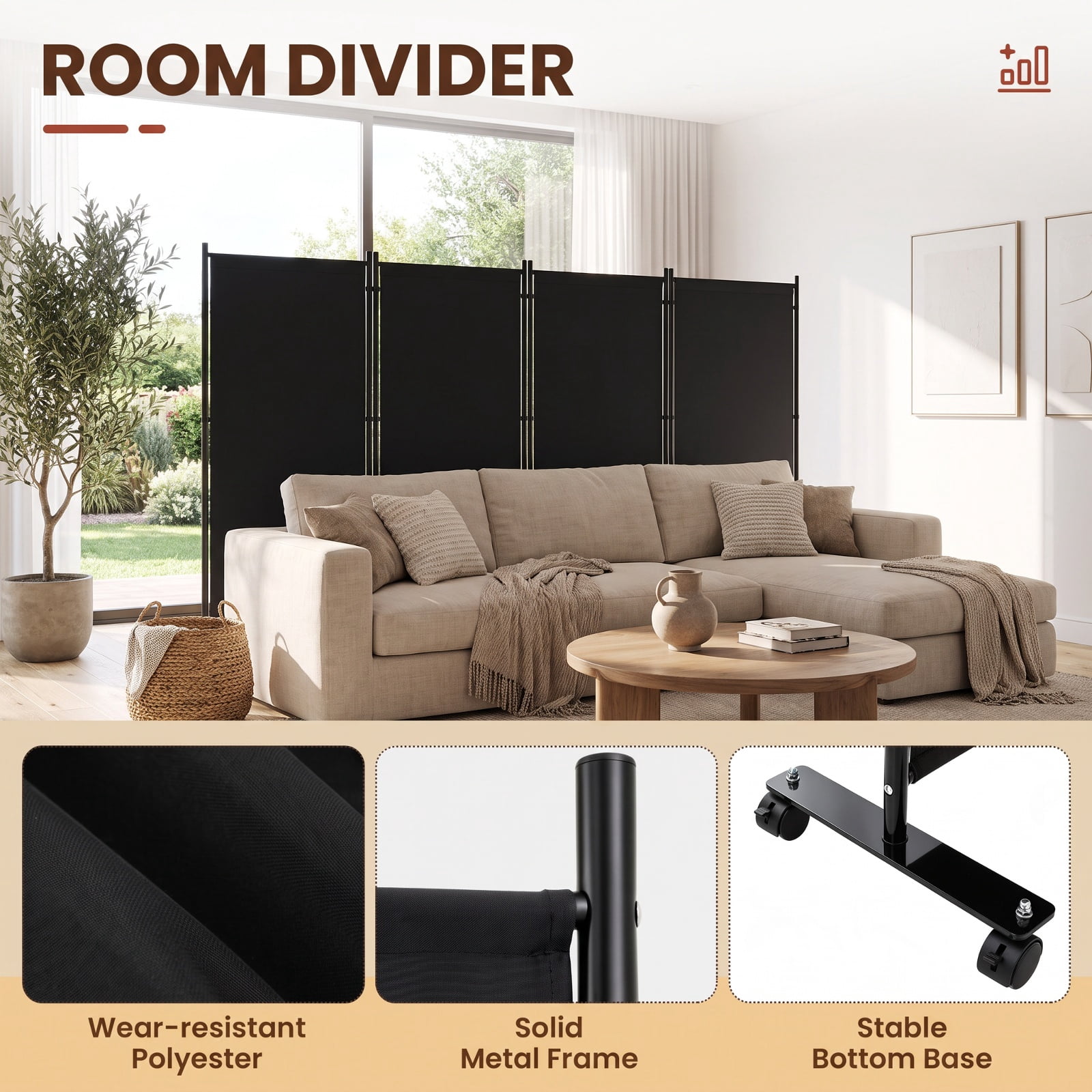 Vebreda 6-Panel Rolling Room Divider Folding Privacy Screen with Lockable Wheels, Freestanding Fabric Partition for Bedroom Office Studio, Black