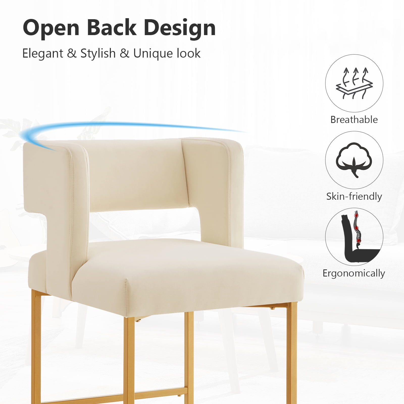 Lecut 26" H Counter Height Bar Stools Set of 2, Modern Velvet Bar Stools with Square Open Backrest and Gold Metal Frame, Kitchen Counter Stools for Island, Home Bar, Pub,Beige+Gold