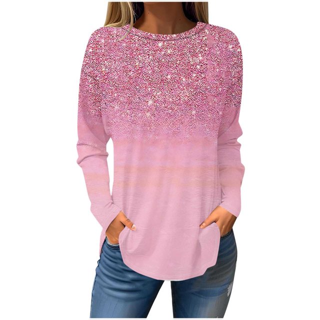 Blouses pour Femmes, T-Shirts pour Femmes, T-Shirt Ample Imprimé de Mode pour Femmes à Manches Longues Blouse à Col Rond Décontractée