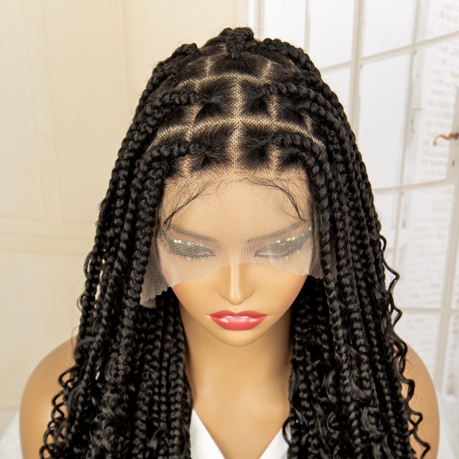 Full Lace Synthetic Boho Braided Wigs with Baby Hair Long Curly Hair Wig with Braids 36 Inches Lace Frontal Braiding Wig for Black Women