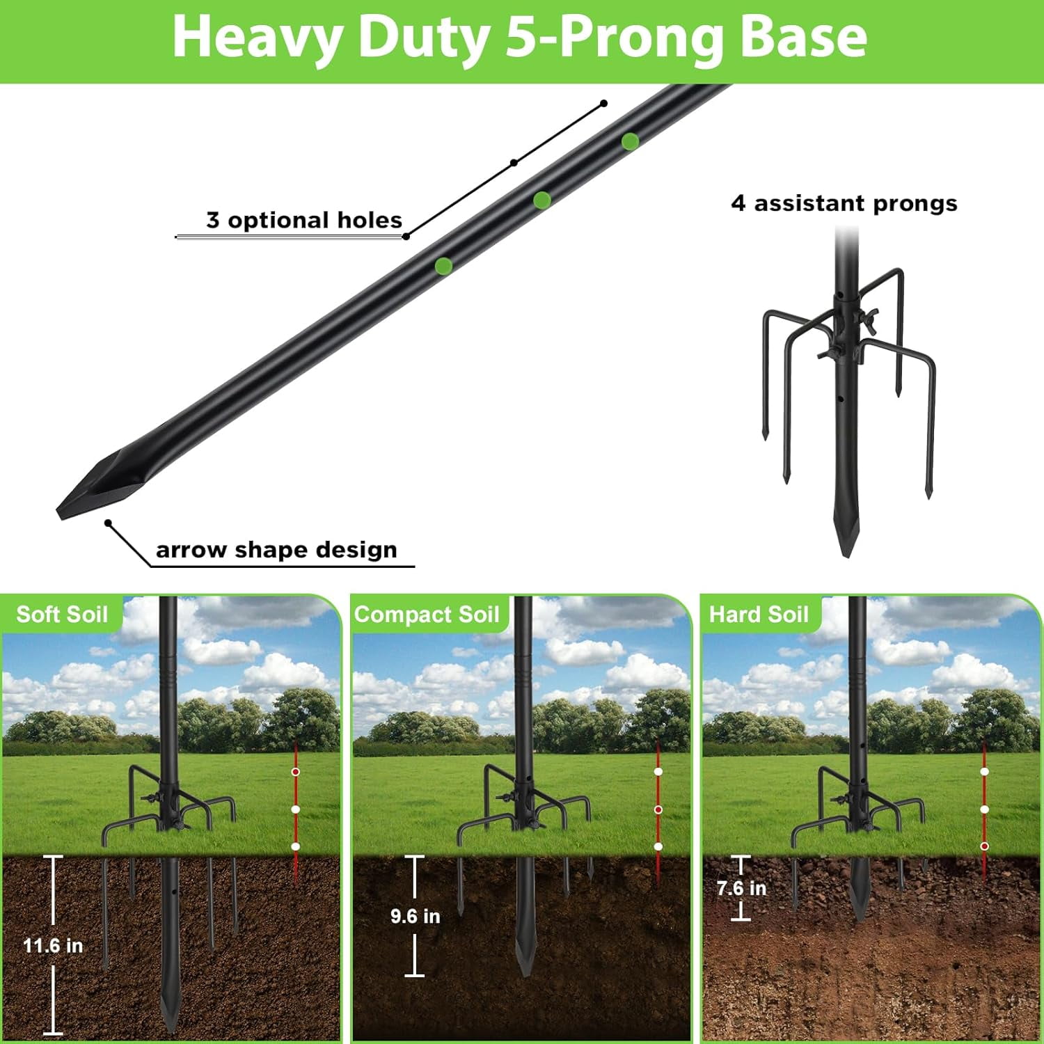 Yeyebest 94" Shepherds Hook with 5 Prongs 4/5" Sliced Pole Base
