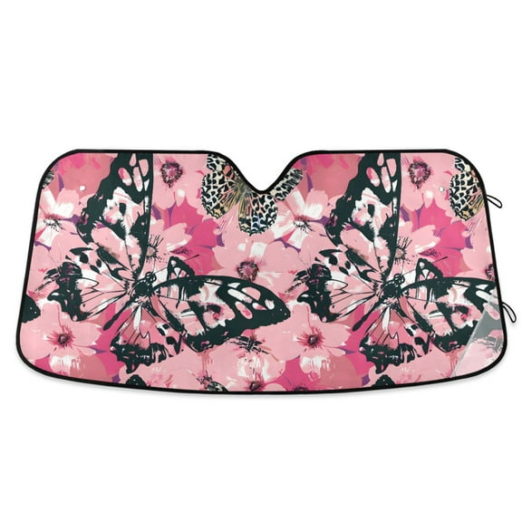 Pink Leopard Butterfly Car Windshield Sun Shade Foldable Car Front Window Visor Heat and UV Protection 53x23.5