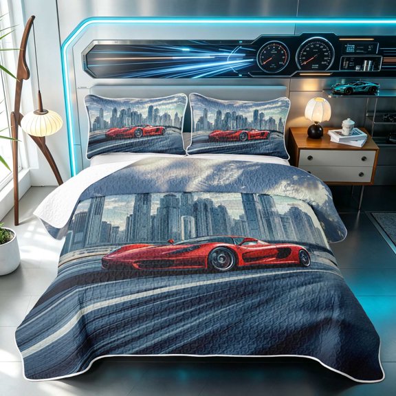 Erosebridal Sports Car Twin Quilt Set, City Night Twin Coverlet Set 2pcs 1 Bedspread and 1 Pillowcase