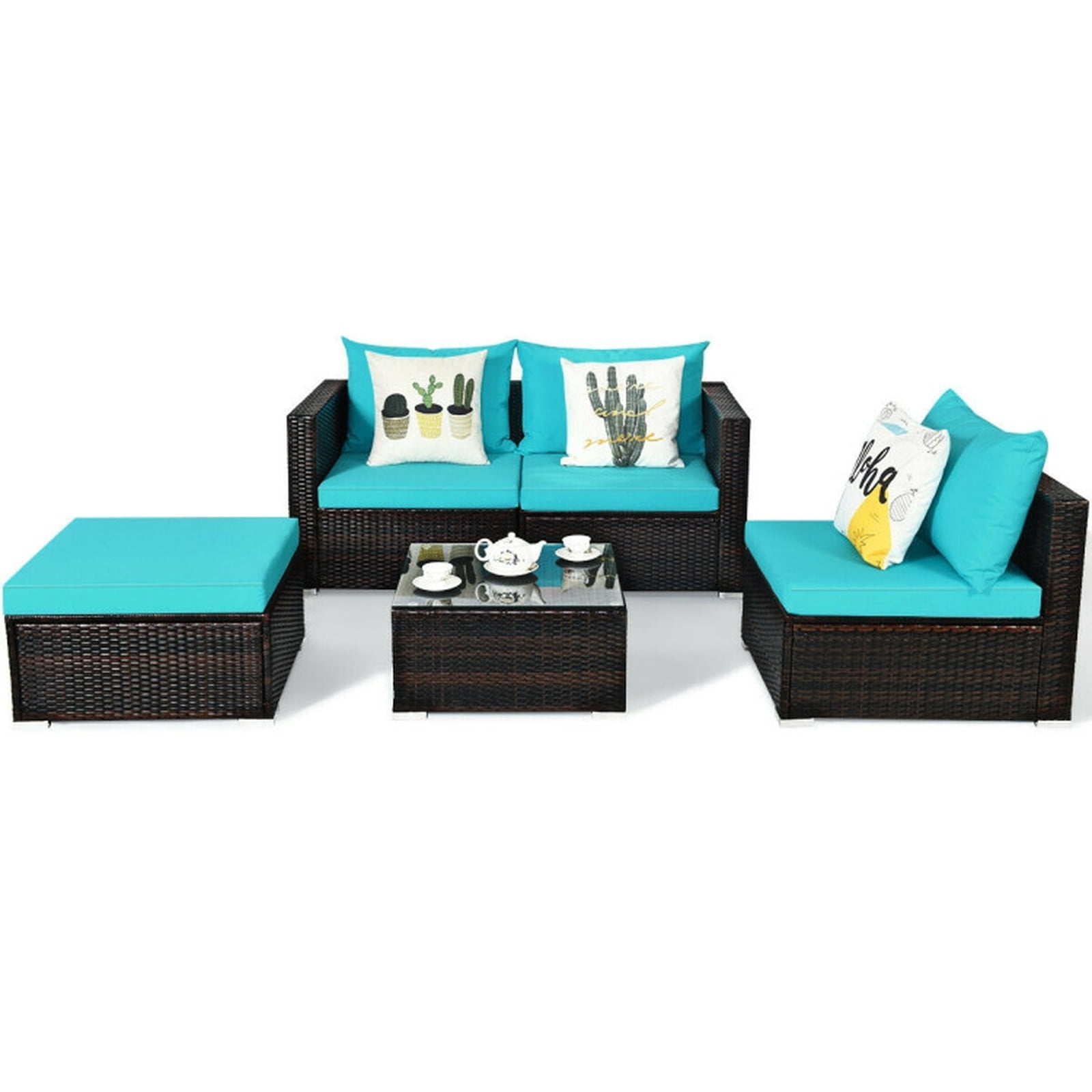 Biotree Patio Furniture Set 5 Pieces Rattan Outdoor Sectional Conversation Set with Ottoman and Coffee Table for Garden Backyard Porch, Turquoise